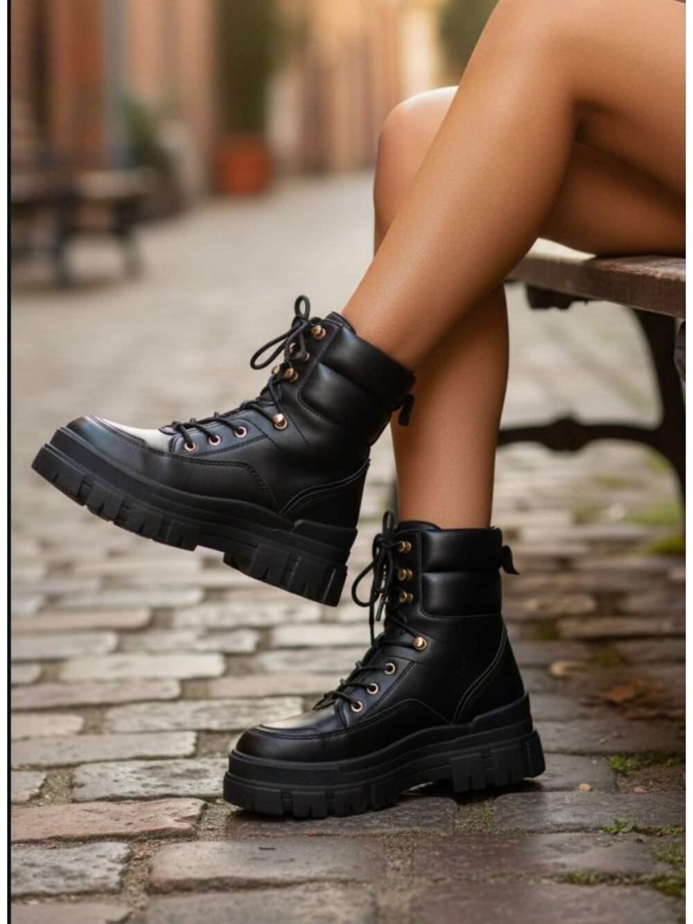 Chunky Black Combat Style Lace-Up Boots With Gold Eyelets For Women
